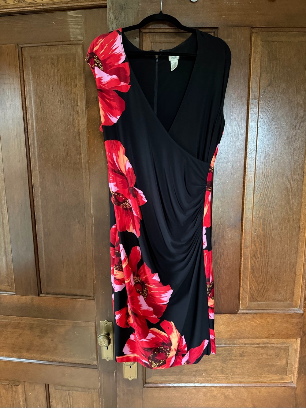 Cache Black Midi Dress with Red Floral Panels